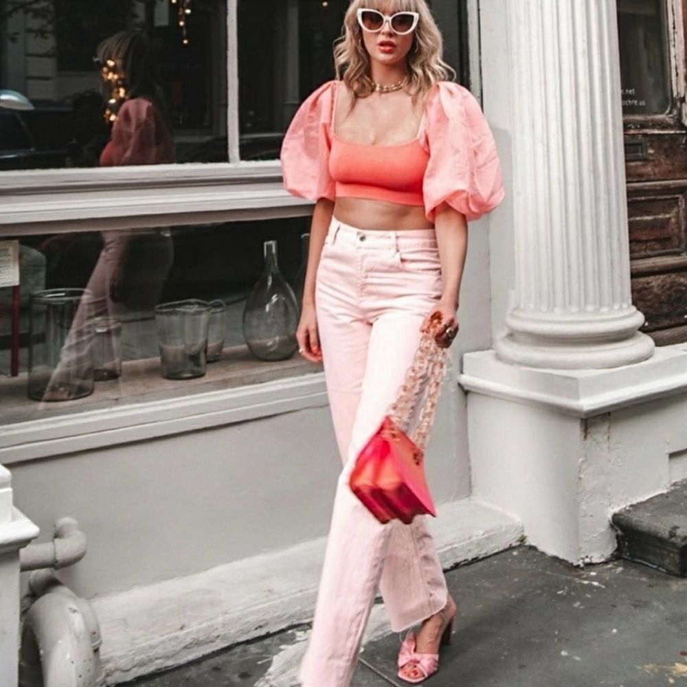 ZARA Top Pink Organza Sleeve Shirt Combination Crop Top Size M • NEW WITH TAGS • - Picture 8 of 15
